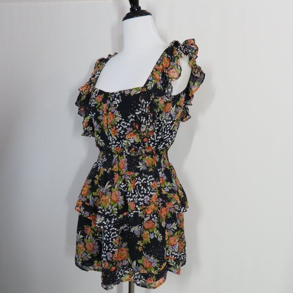 Yumi Kim Midnight Magic Black Floral Tiered Mini Eden Dress Flutter Sleeves XS - Picture 3 of 9